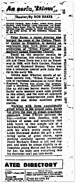 Newspaper clipping scan: Daily News review of Ethan Frome, directed by Peter Byrne